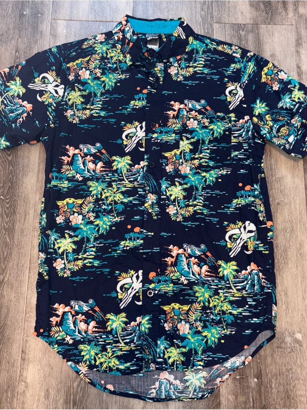 DISNEY Star Wars Mandalorian Hawaiian Shirt Baby Yoda Short Sleeve Men's XS